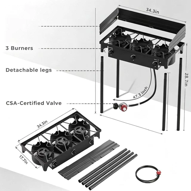 Alt view image 7 of 7 - 3 Burner Outdoor Propane Camping Stove, Freestanding Gas Cooker with Wind Guard, Detachable Legs & Regulator Hose for Camping, Picnic, Tailgating