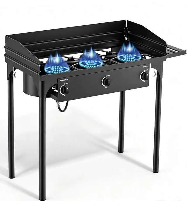 Main image of 3 Burner Outdoor Propane Camping Stove, Freestanding Gas Cooker with Wind Guard, Detachable Legs & Regulator Hose for Camping, Picnic, Tailgating