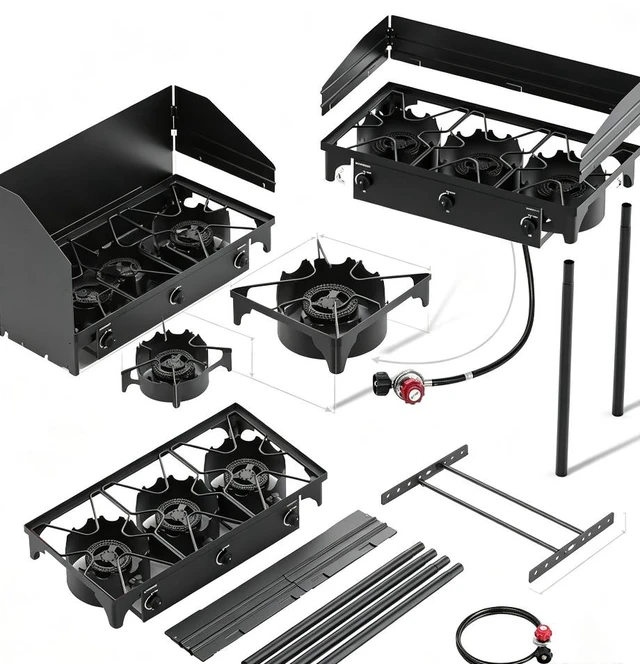 Alt view image 2 of 7 - 3 Burner Outdoor Propane Camping Stove, Freestanding Gas Cooker with Wind Guard, Detachable Legs & Regulator Hose for Camping, Picnic, Tailgating
