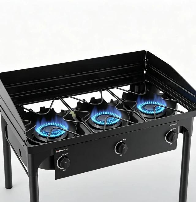Alt view image 5 of 7 - 3 Burner Outdoor Propane Camping Stove, Freestanding Gas Cooker with Wind Guard, Detachable Legs & Regulator Hose for Camping, Picnic, Tailgating