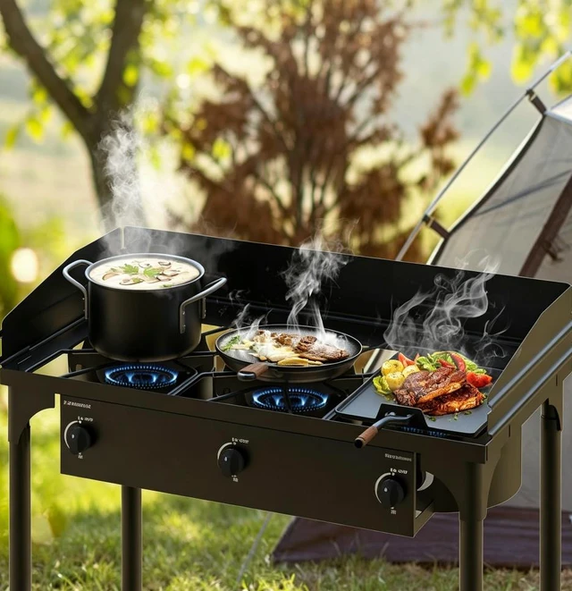 Alt view image 3 of 7 - 3 Burner Outdoor Propane Camping Stove, Freestanding Gas Cooker with Wind Guard, Detachable Legs & Regulator Hose for Camping, Picnic, Tailgating