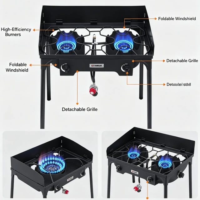 Alt view image 5 of 5 - 2 Burner Outdoor Propane Camping Stove, Freestanding Gas Cooker with Wind Guard, Dual Independent Control Knobs, Blue Flame