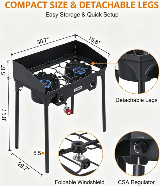 Alt view image 3 of 5 - 2 Burner Outdoor Propane Camping Stove, Freestanding Gas Cooker with Wind Guard, Dual Independent Control Knobs, Blue Flame