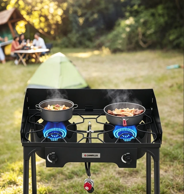 Alt view image 4 of 5 - 2 Burner Outdoor Propane Camping Stove, Freestanding Gas Cooker with Wind Guard, Dual Independent Control Knobs, Blue Flame