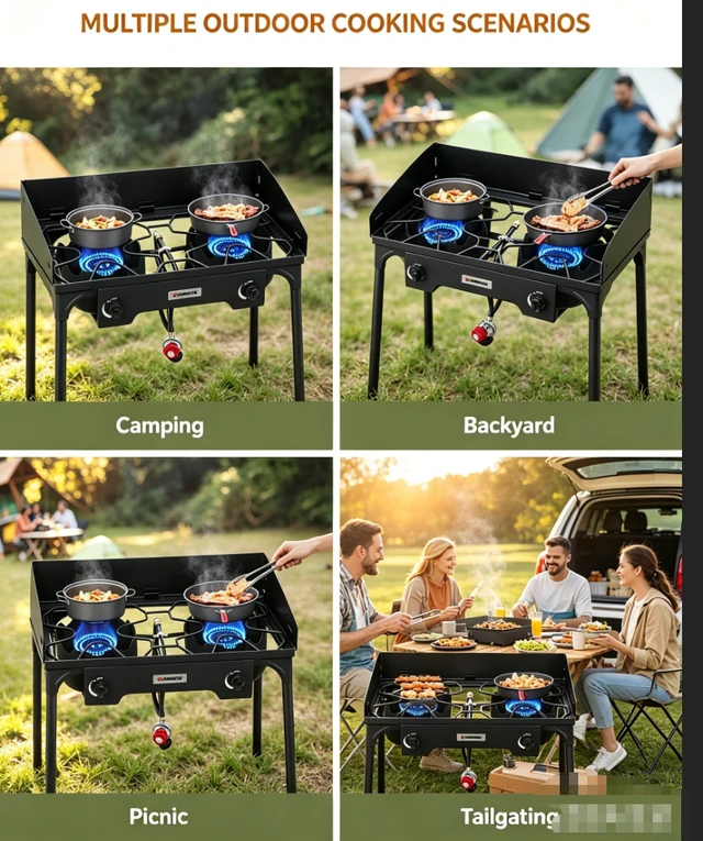 Alt view image 2 of 5 - 2 Burner Outdoor Propane Camping Stove, Freestanding Gas Cooker with Wind Guard, Dual Independent Control Knobs, Blue Flame