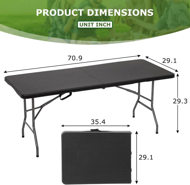 Alt view image 2 of 7 - 6FT Heavy Duty Folding Table, Rattan Textured HDPE Fold-in-Half Dining Table, Portable Indoor Outdoor Table with Carry Handle for Camping, Picnic & Party