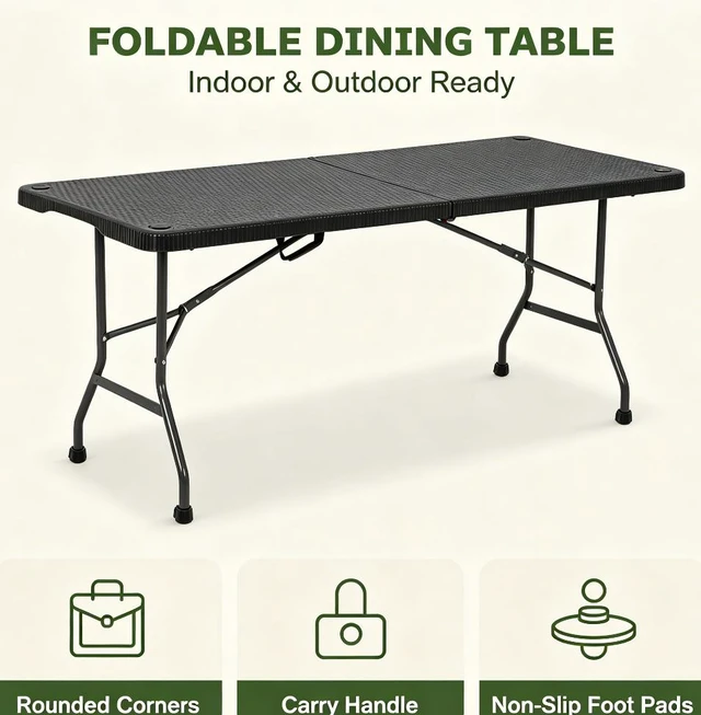 Main image of 6FT Heavy Duty Folding Table, Rattan Textured HDPE Fold-in-Half Dining Table, Portable Indoor Outdoor Table with Carry Handle for Camping, Picnic & Party