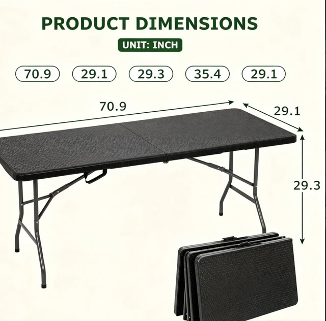 Alt view image 3 of 7 - 6FT Heavy Duty Folding Table, Rattan Textured HDPE Fold-in-Half Dining Table, Portable Indoor Outdoor Table with Carry Handle for Camping, Picnic & Party