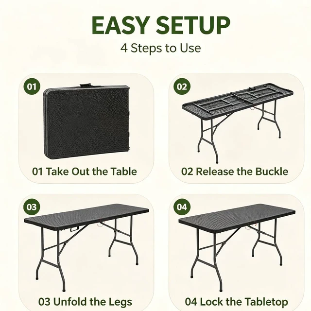 Alt view image 7 of 7 - 6FT Heavy Duty Folding Table, Rattan Textured HDPE Fold-in-Half Dining Table, Portable Indoor Outdoor Table with Carry Handle for Camping, Picnic & Party