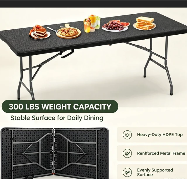 Alt view image 4 of 7 - 6FT Heavy Duty Folding Table, Rattan Textured HDPE Fold-in-Half Dining Table, Portable Indoor Outdoor Table with Carry Handle for Camping, Picnic & Party