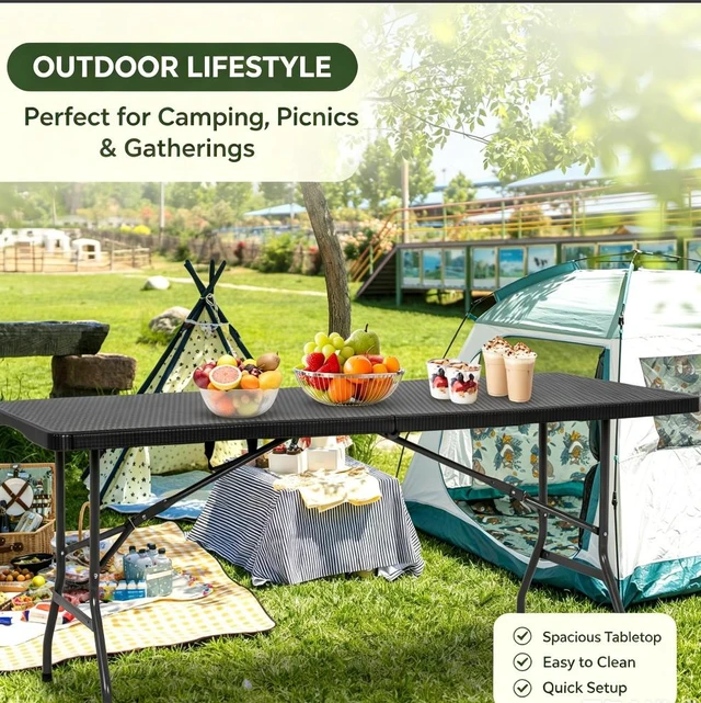 Alt view image 6 of 7 - 6FT Heavy Duty Folding Table, Rattan Textured HDPE Fold-in-Half Dining Table, Portable Indoor Outdoor Table with Carry Handle for Camping, Picnic & Party