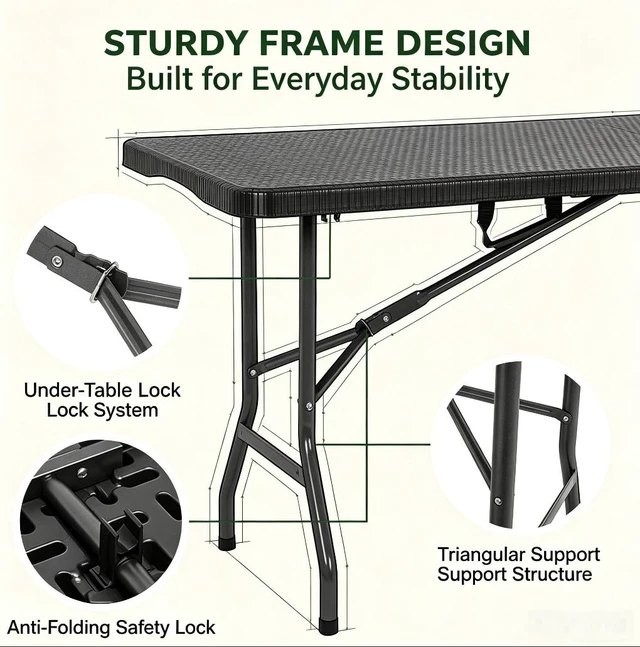Alt view image 5 of 7 - 6FT Heavy Duty Folding Table, Rattan Textured HDPE Fold-in-Half Dining Table, Portable Indoor Outdoor Table with Carry Handle for Camping, Picnic & Party