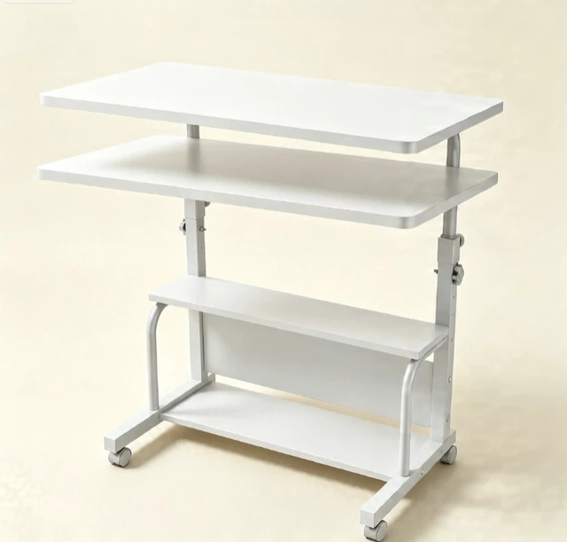 Alt view image 2 of 7 - Height Adjustable Mobile Computer Desk, Rolling Laptop Table with Lockable Wheels & 3-Tier Storage Shelves, Portable Standing Desk for Home Office Bedroom