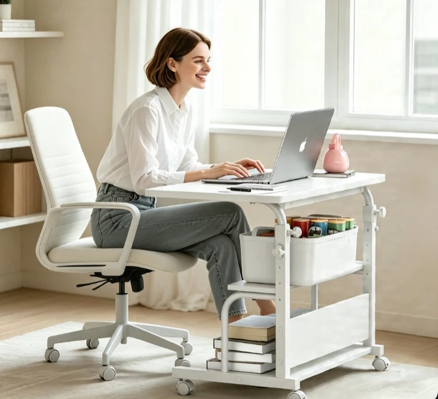 Alt view image 5 of 7 - Height Adjustable Mobile Computer Desk, Rolling Laptop Table with Lockable Wheels & 3-Tier Storage Shelves, Portable Standing Desk for Home Office Bedroom