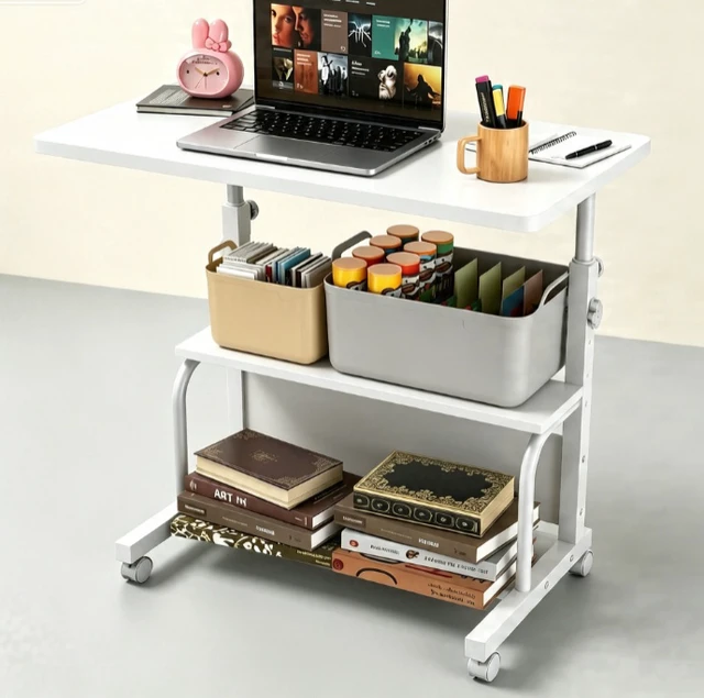 Alt view image 4 of 7 - Height Adjustable Mobile Computer Desk, Rolling Laptop Table with Lockable Wheels & 3-Tier Storage Shelves, Portable Standing Desk for Home Office Bedroom