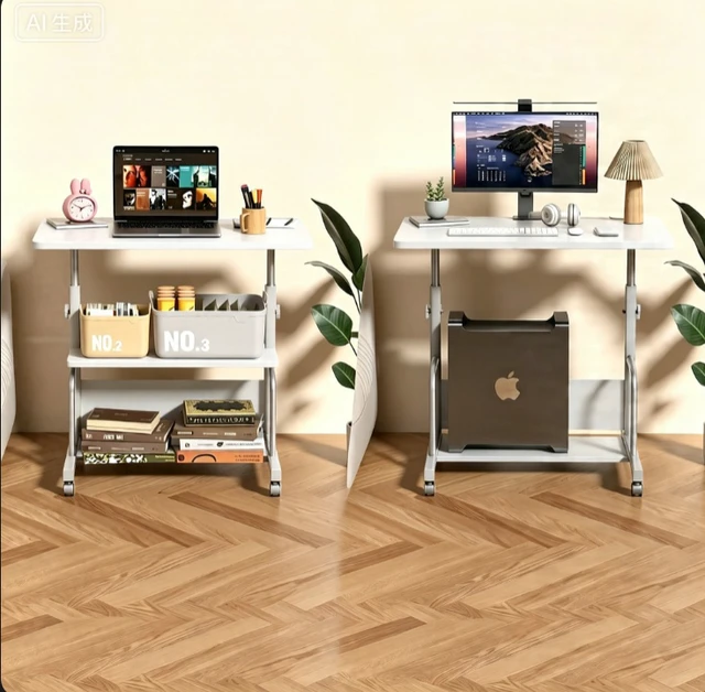 Alt view image 3 of 7 - Height Adjustable Mobile Computer Desk, Rolling Laptop Table with Lockable Wheels & 3-Tier Storage Shelves, Portable Standing Desk for Home Office Bedroom
