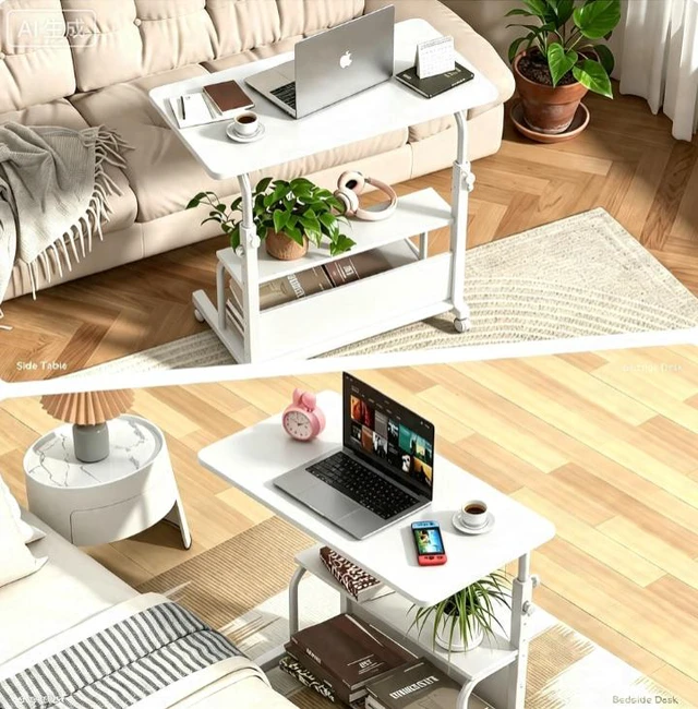 Alt view image 6 of 7 - Height Adjustable Mobile Computer Desk, Rolling Laptop Table with Lockable Wheels & 3-Tier Storage Shelves, Portable Standing Desk for Home Office Bedroom