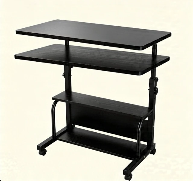Alt view image 2 of 7 - Height Adjustable Rolling Computer Desk, Mobile Laptop Table with Storage Shelves & Lockable Wheels, Portable Standing Desk for Home Office