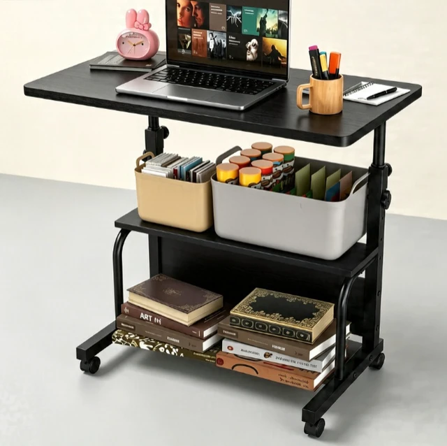 Alt view image 4 of 7 - Height Adjustable Rolling Computer Desk, Mobile Laptop Table with Storage Shelves & Lockable Wheels, Portable Standing Desk for Home Office