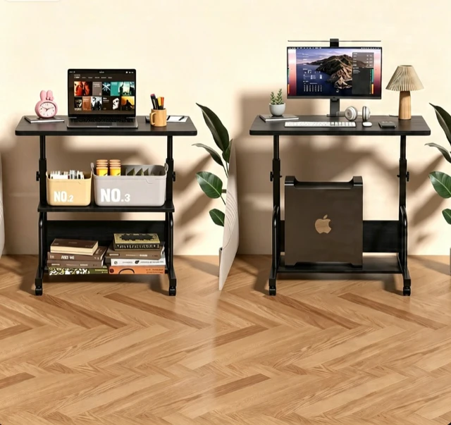Alt view image 3 of 7 - Height Adjustable Rolling Computer Desk, Mobile Laptop Table with Storage Shelves & Lockable Wheels, Portable Standing Desk for Home Office