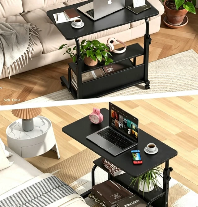 Alt view image 5 of 7 - Height Adjustable Rolling Computer Desk, Mobile Laptop Table with Storage Shelves & Lockable Wheels, Portable Standing Desk for Home Office