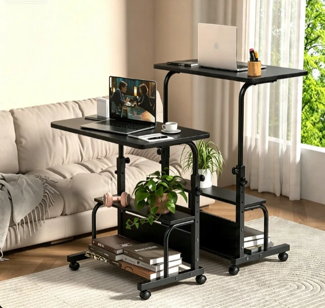 Alt view image 7 of 7 - Height Adjustable Rolling Computer Desk, Mobile Laptop Table with Storage Shelves & Lockable Wheels, Portable Standing Desk for Home Office