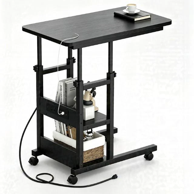 Alt view image 2 of 7 - Height Adjustable Rolling Computer Desk with Power Outlet, Mobile Laptop Table with 3-Tier Storage, Lockable Wheels, Portable Standing Desk for Home Office Bedroom