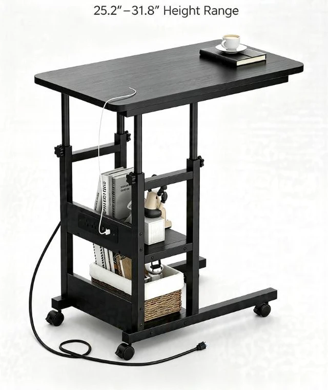 Main image of Height Adjustable Rolling Computer Desk with Power Outlet, Mobile Laptop Table with 3-Tier Storage, Lockable Wheels, Portable Standing Desk for Home Office Bedroom