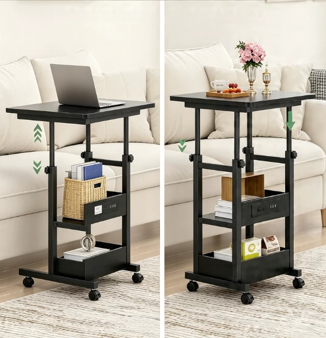 Alt view image 5 of 7 - Height Adjustable Rolling Computer Desk with Power Outlet, Mobile Laptop Table with 3-Tier Storage, Lockable Wheels, Portable Standing Desk for Home Office Bedroom