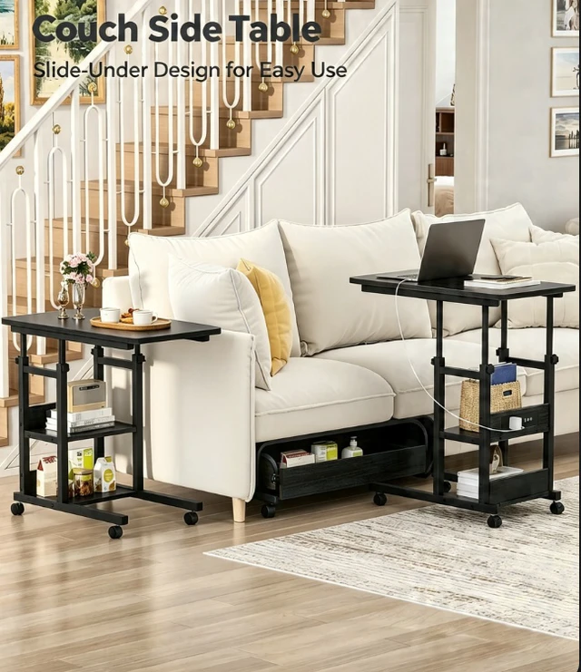 Alt view image 3 of 7 - Height Adjustable Rolling Computer Desk with Power Outlet, Mobile Laptop Table with 3-Tier Storage, Lockable Wheels, Portable Standing Desk for Home Office Bedroom