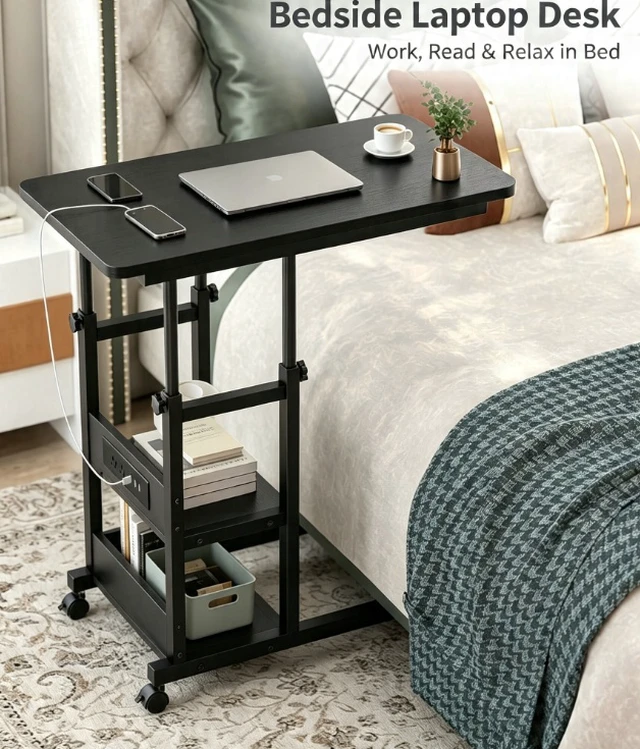 Alt view image 4 of 7 - Height Adjustable Rolling Computer Desk with Power Outlet, Mobile Laptop Table with 3-Tier Storage, Lockable Wheels, Portable Standing Desk for Home Office Bedroom