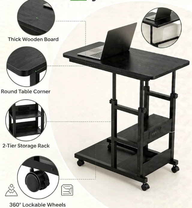 Alt view image 7 of 7 - Height Adjustable Rolling Computer Desk with Power Outlet, Mobile Laptop Table with 3-Tier Storage, Lockable Wheels, Portable Standing Desk for Home Office Bedroom