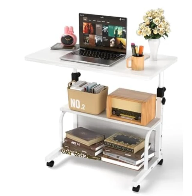 Alt view image 2 of 7 - Height Adjustable Rolling Computer Desk, Mobile Laptop Table with Detachable Storage Shelves & Lockable Wheels, Sit Stand Portable Workstation for Home Office Bedroom Sofa