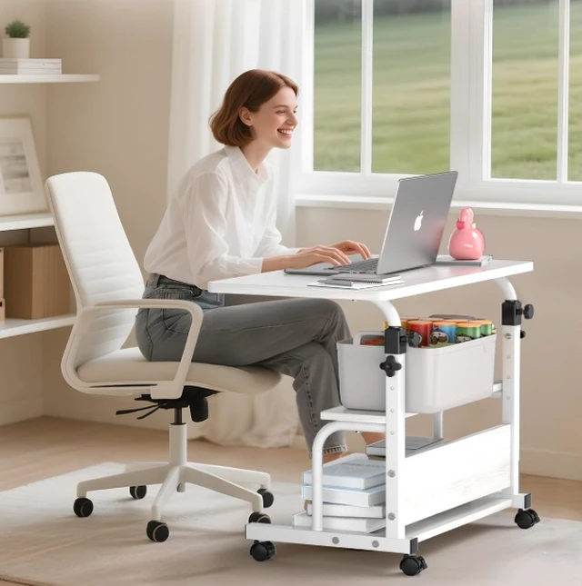 Alt view image 3 of 7 - Height Adjustable Rolling Computer Desk, Mobile Laptop Table with Detachable Storage Shelves & Lockable Wheels, Sit Stand Portable Workstation for Home Office Bedroom Sofa