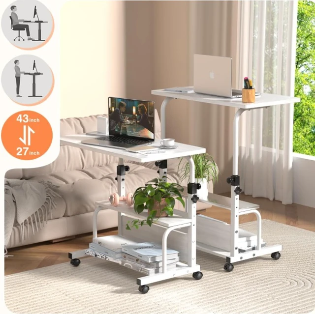 Alt view image 7 of 7 - Height Adjustable Rolling Computer Desk, Mobile Laptop Table with Detachable Storage Shelves & Lockable Wheels, Sit Stand Portable Workstation for Home Office Bedroom Sofa