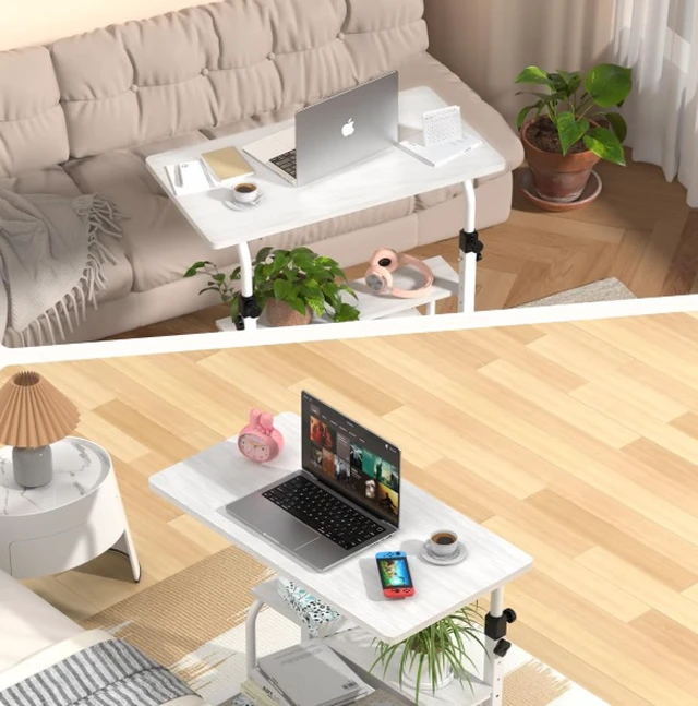 Alt view image 5 of 7 - Height Adjustable Rolling Computer Desk, Mobile Laptop Table with Detachable Storage Shelves & Lockable Wheels, Sit Stand Portable Workstation for Home Office Bedroom Sofa