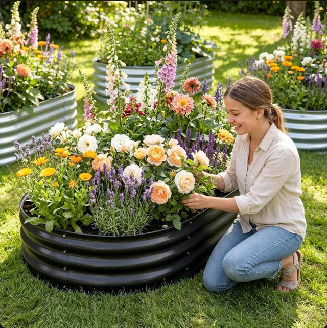 Alt view image 6 of 7 - 4×2×1FT Oval Galvanized Raised Garden Bed, Metal Raised Planter Box for Outdoor Gardening, Deep Root Planter for Vegetables, Fruits, Herbs & Flowers