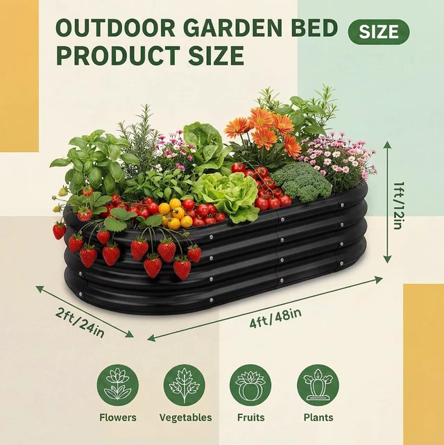 Alt view image 2 of 7 - 4×2×1FT Oval Galvanized Raised Garden Bed, Metal Raised Planter Box for Outdoor Gardening, Deep Root Planter for Vegetables, Fruits, Herbs & Flowers