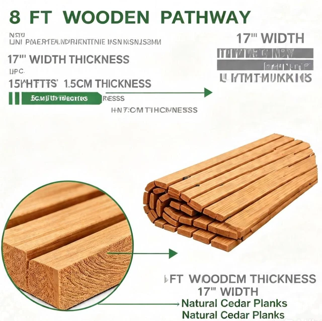Alt view image 2 of 6 - 8 FT Roll Up Cedar Wooden Garden Pathway, 17" Width Outdoor Natural Wood Walkway with 8 Ground Stakes, Anti-Slip Grooved Surface for Backyard Lawn Yard Landscaping