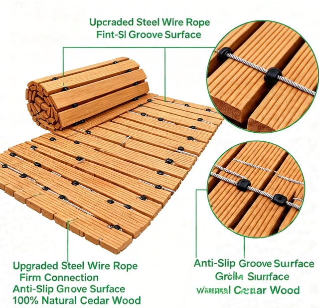 Alt view image 3 of 6 - 8 FT Roll Up Cedar Wooden Garden Pathway, 17" Width Outdoor Natural Wood Walkway with 8 Ground Stakes, Anti-Slip Grooved Surface for Backyard Lawn Yard Landscaping