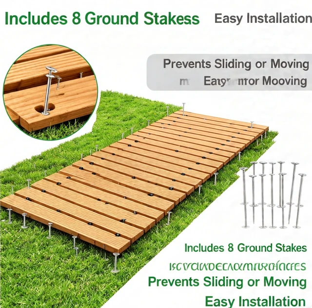 Alt view image 5 of 6 - 8 FT Roll Up Cedar Wooden Garden Pathway, 17" Width Outdoor Natural Wood Walkway with 8 Ground Stakes, Anti-Slip Grooved Surface for Backyard Lawn Yard Landscaping