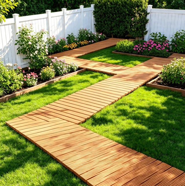 Alt view image 4 of 6 - 8 FT Roll Up Cedar Wooden Garden Pathway, 17" Width Outdoor Natural Wood Walkway with 8 Ground Stakes, Anti-Slip Grooved Surface for Backyard Lawn Yard Landscaping