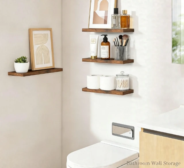 Alt view image 7 of 7 - Floating Wall Shelves Set of 4, Rustic Wood Wall Mounted Shelves with Metal Brackets, Max Load 22lbs, 15.7"×5.7" Display Storage Shelves for Bedroom, Kitchen, Bathroom, Living Room Decor