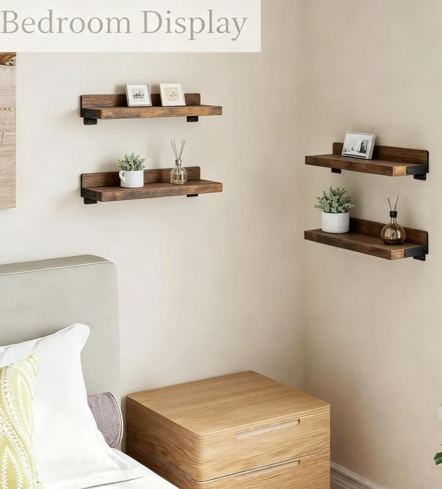 Alt view image 2 of 7 - Floating Wall Shelves Set of 4, Rustic Wood Wall Mounted Shelves with Metal Brackets, Max Load 22lbs, 15.7"×5.7" Display Storage Shelves for Bedroom, Kitchen, Bathroom, Living Room Decor