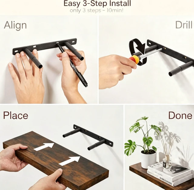 Alt view image 6 of 7 - Floating Wall Shelves Set of 4, Rustic Wood Wall Mounted Shelves with Metal Brackets, Max Load 22lbs, 15.7"×5.7" Display Storage Shelves for Bedroom, Kitchen, Bathroom, Living Room Decor