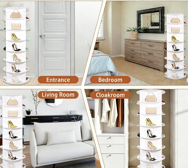 Alt view image 3 of 7 - 7 Tier Rotating Shoe Rack Tower, 360° Spinning Shoe Display Organizer, Freestanding Revolving Shoe Holder for Entryway Bedroom Closet, White