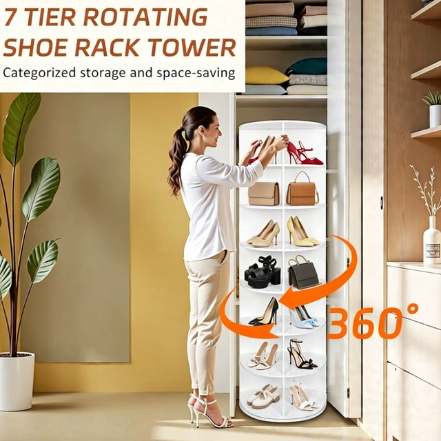 Alt view image 5 of 7 - 7 Tier Rotating Shoe Rack Tower, 360° Spinning Shoe Display Organizer, Freestanding Revolving Shoe Holder for Entryway Bedroom Closet, White