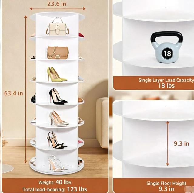 Alt view image 7 of 7 - 7 Tier Rotating Shoe Rack Tower, 360° Spinning Shoe Display Organizer, Freestanding Revolving Shoe Holder for Entryway Bedroom Closet, White
