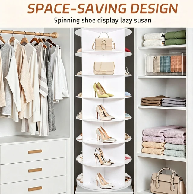 Alt view image 4 of 7 - 7 Tier Rotating Shoe Rack Tower, 360° Spinning Shoe Display Organizer, Freestanding Revolving Shoe Holder for Entryway Bedroom Closet, White