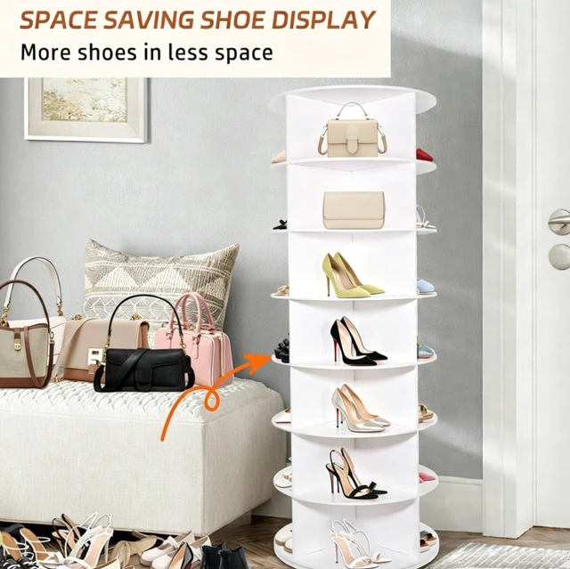Alt view image 6 of 7 - 7 Tier Rotating Shoe Rack Tower, 360° Spinning Shoe Display Organizer, Freestanding Revolving Shoe Holder for Entryway Bedroom Closet, White
